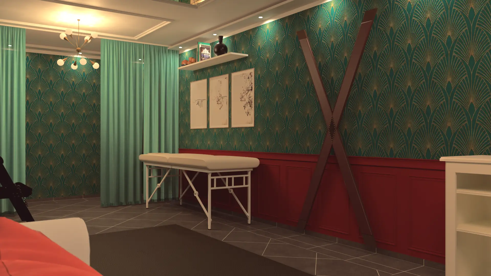 BDSM Kellerzimmer gestalten mit Kreuz, Bank und Vorhangzonen BDSM Kreuz an stilvoll gemusterter Wand mit Massageliege im Hintergrund