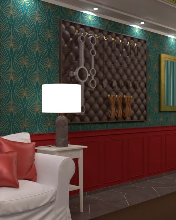 Weiße Sofaecke mit indirekter Beleuchtung in einem BDSM Kellerzimmer