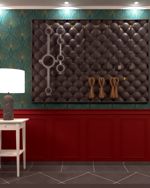 Wandpaneel mit Fesselinstrumenten und Impact-Tools in einem BDSM Kellerzimmer