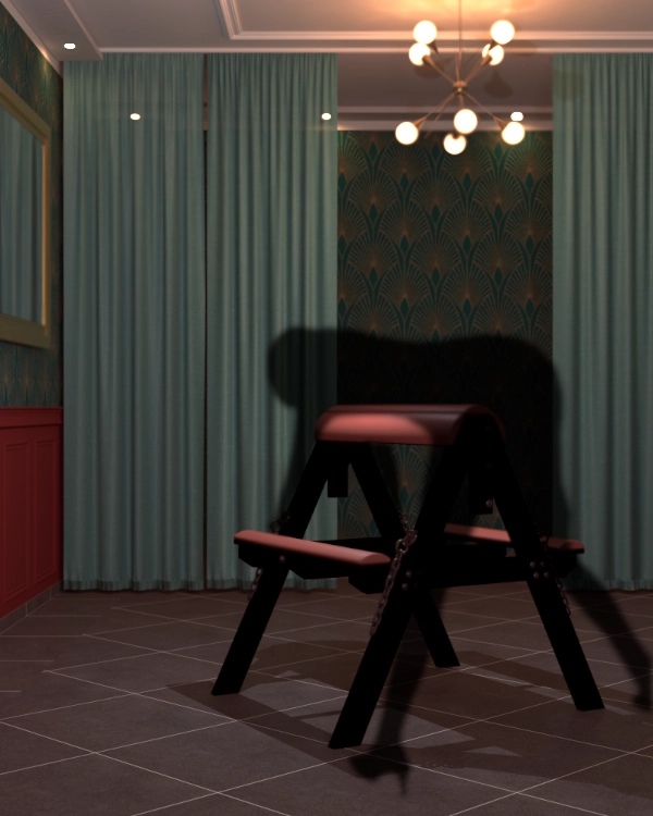 Spankingbock im BDSM Kellerzimmer mit samtbezogener Polsterung