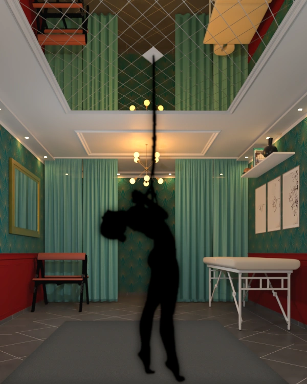 BDSM Kellerzimmer mit schwebender Person, Spiegeldecke und Deckenhaken für Suspension