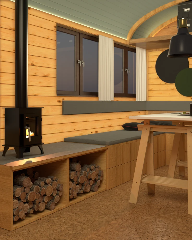 bdsm-zirkuswagen-spielzimmer-gestalten-holzofen BDSM Zirkuswagen Spielzimmer gestalten: Sitzbank mit Holzofen, LED-Licht und variabler Tischplatte