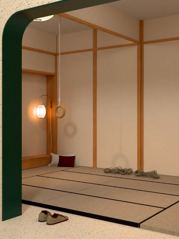 Bondage Zimmer japanisch mit Tatami-Matten und Holzring an der Decke
