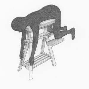 Skizzeeines Spanking-Bocks mit zusätzlicher Beinauflage zur Unterstützung kniender Position