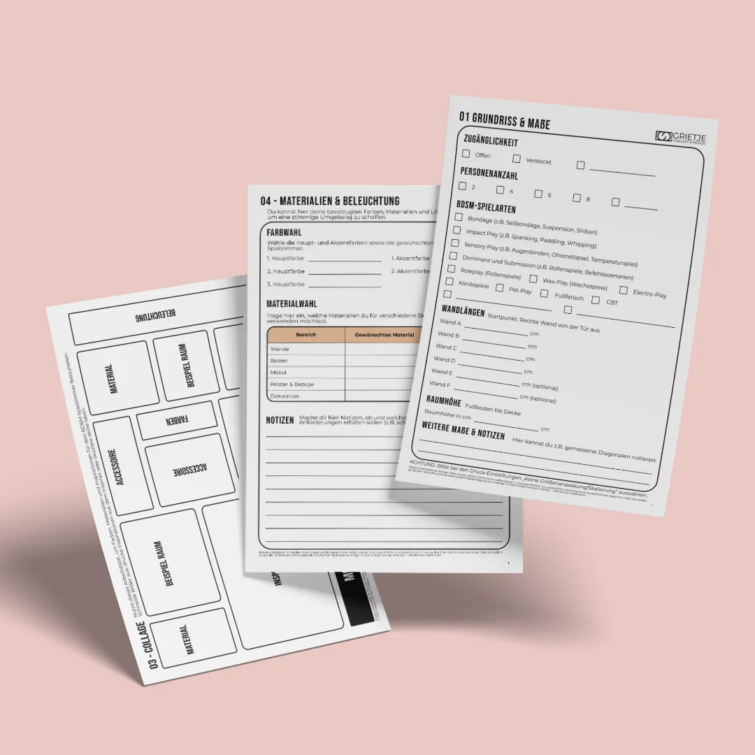 BDSM Interior Design – Planungsunterlagen für dein Sexzimmer Arbeitsblätter zur Planung eines BDSM Zimmers mit Grundriss, Farbwahl und Materialübersicht