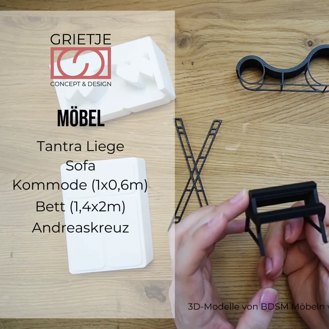 Modellmöbel wie Andreaskreuz und Tantra-Liege aus dem Kurs BDSM Interior Design nutzen und dein BDSM Zimmer einrichten