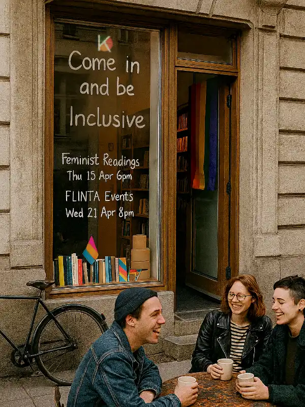 Queerer inklusiver Buchladen mit FLINTA-Events und Regenbogenflagge