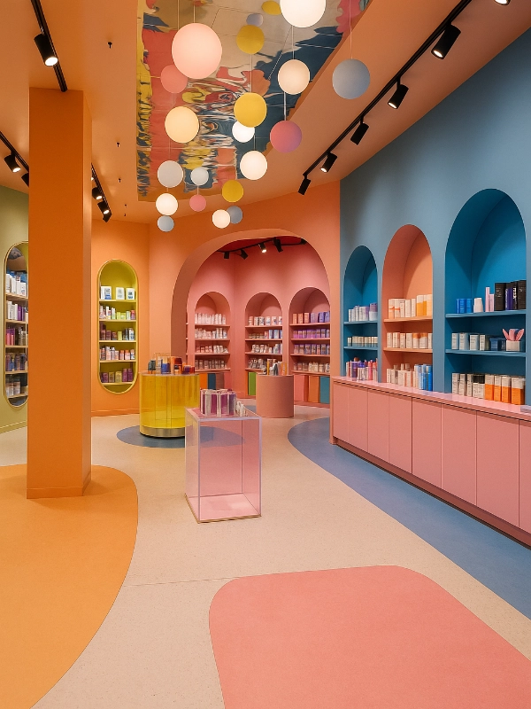 Farbiger, moderner Erotikshop mit offenem, ästhetischem Design