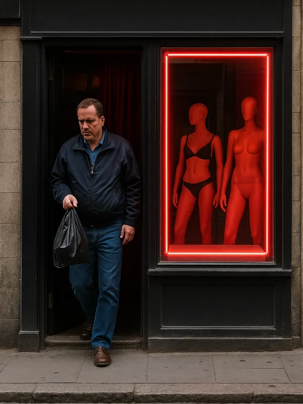 Mann verlässt alten Sexshop mit schwarzer Tüte in der Hand