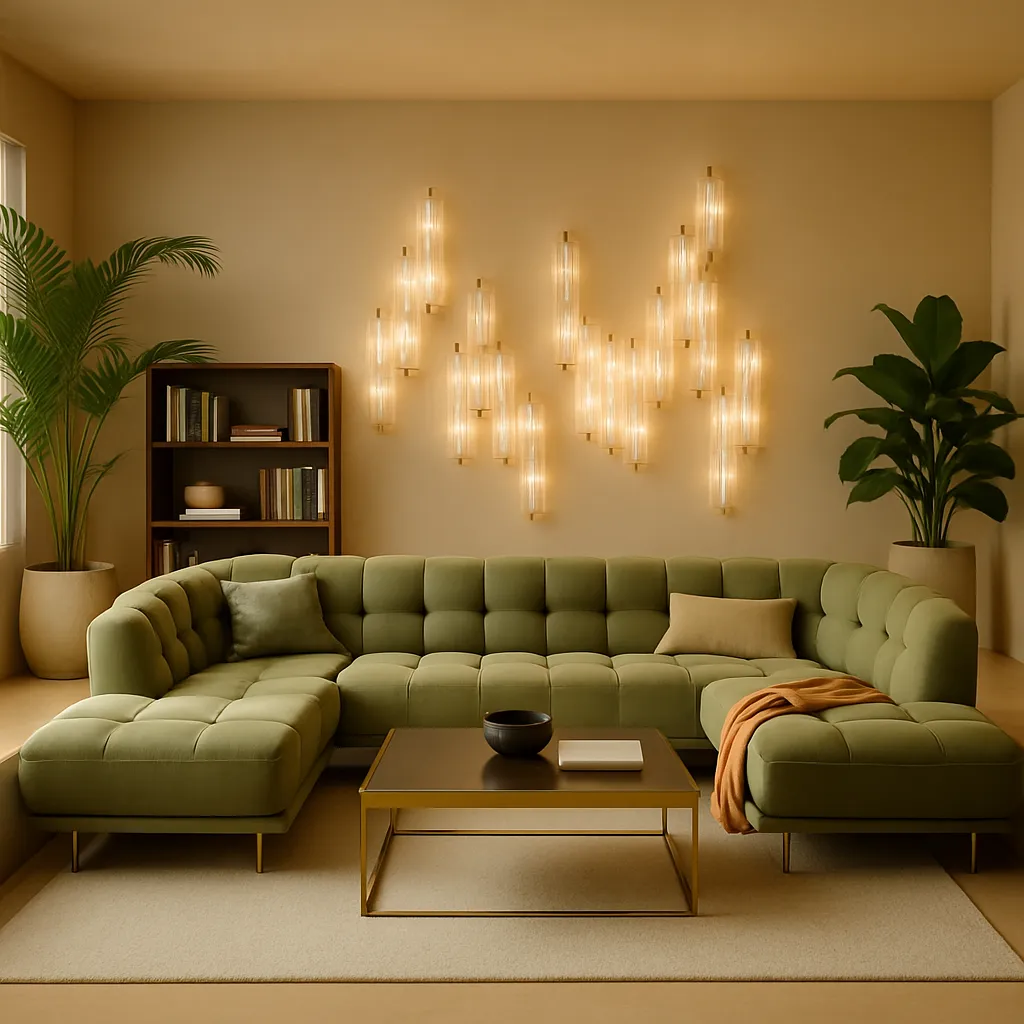 Moderne 70s-Lounge mit Olivgrün als Inspiration, um ein Spielzimmer für Erwachsene einzurichten