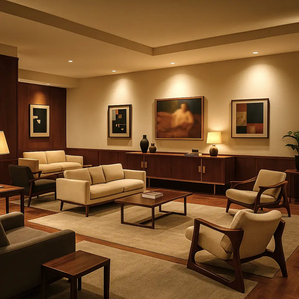 Midcentury Lounge als Inspiration, um ein Spielzimmer für Erwachsene einzurichten – warme Hölzer, Messing und elegante Linien
