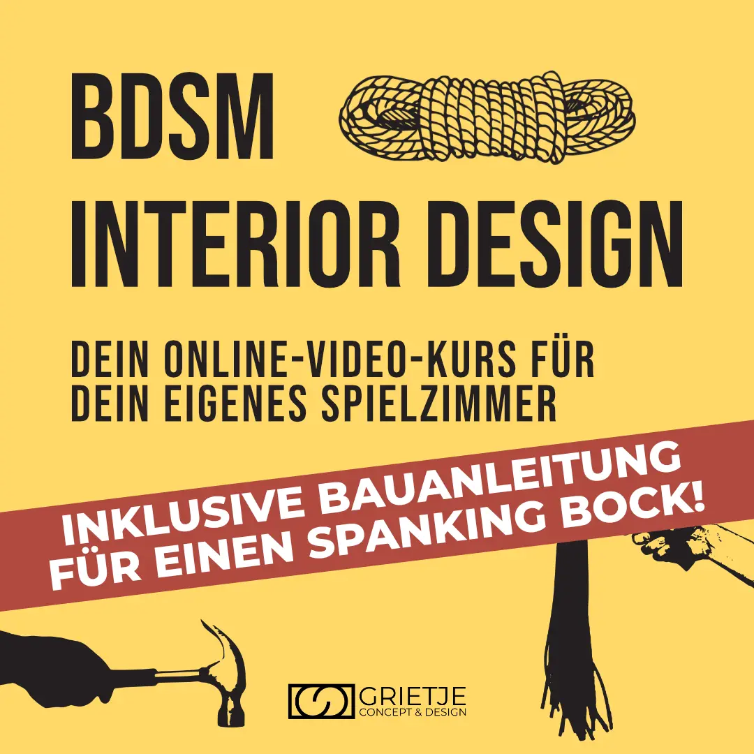 Grafik mit dem Titel „BDSM Interior Design“ – bewirbt einen Onlinekurs zur Raumgestaltung mit Symbolen wie Peitsche, Hammer und Seil