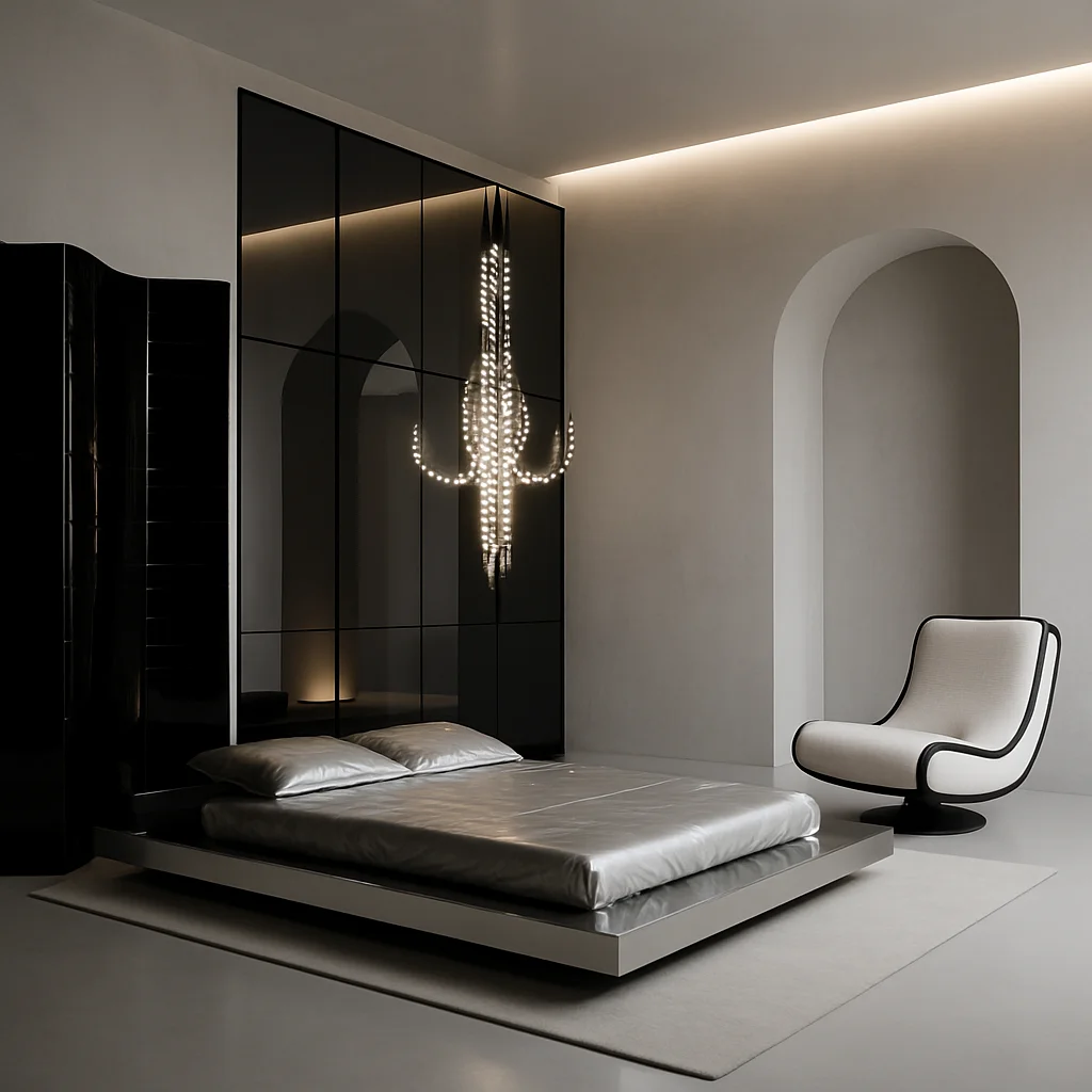 Futuristisches Schwarz-Weiß-Schlafzimmer mit Lack und Metall, perfekt um ein Spielzimmer für Erwachsene einzurichten