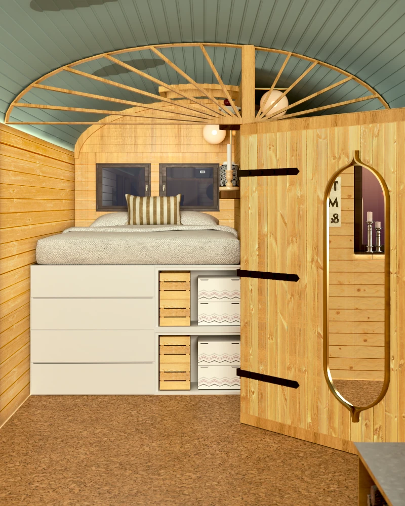 BDSM Zirkuswagen Schlafbereich Stauraum klappbare Wand