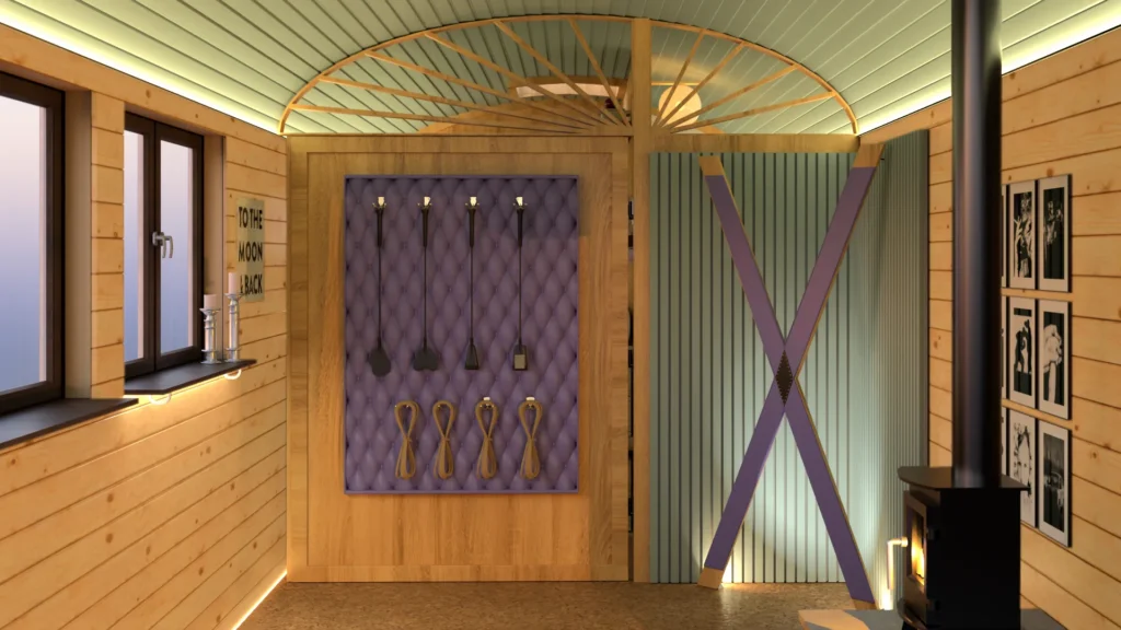 BDSM Zirkuswagen Innenraum Tool-Board Andreaskreuz Holzofen