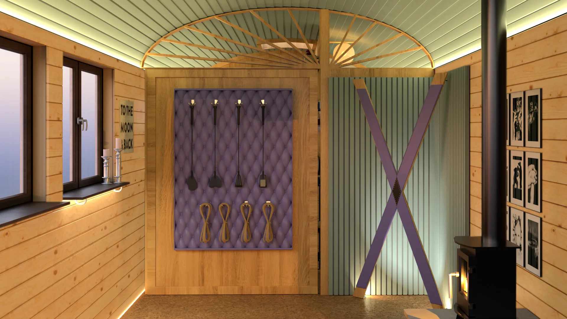 BDSM Zirkuswagen Innenraum Tool-Board Andreaskreuz Holzofen