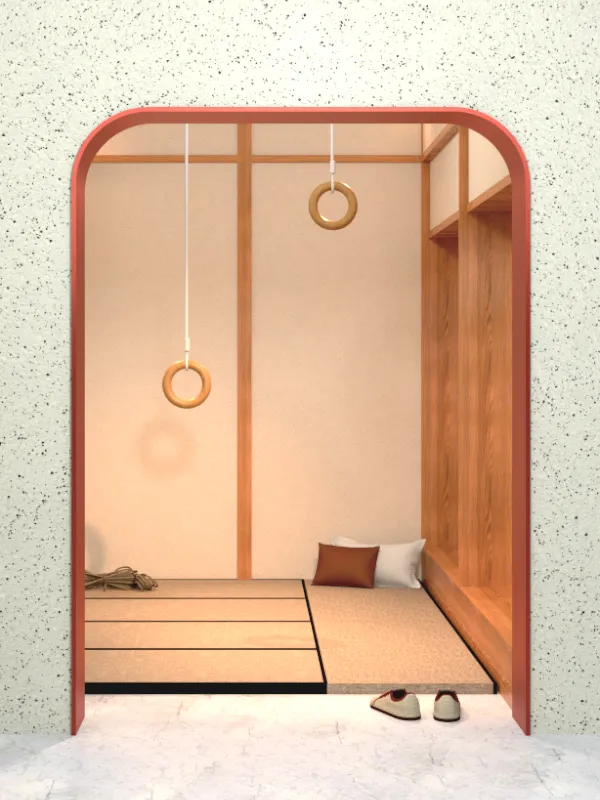 Bondage Zimmer Swingerclub im japanischen Stil mit hängenden Ringen und Tatami