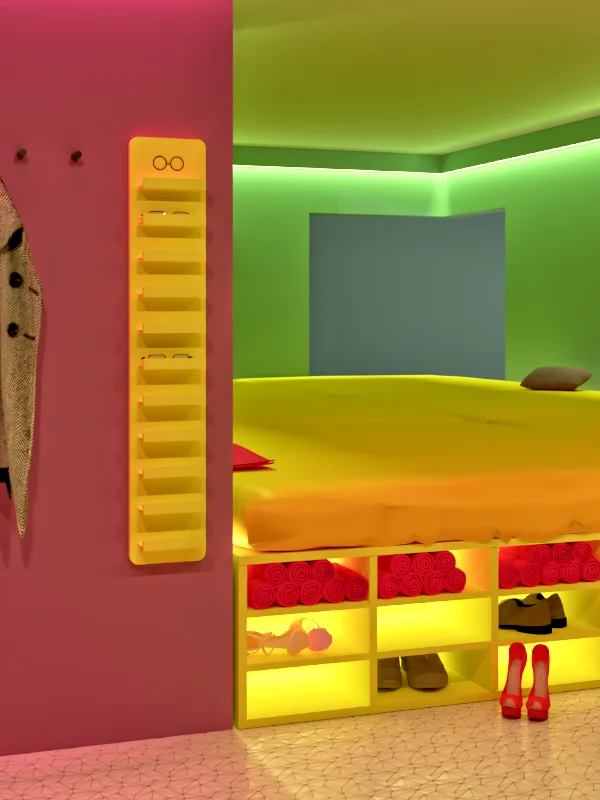 Swingerclub planen – Spielzimmer mit LED-Ambientebeleuchtung und Garderobenbereich