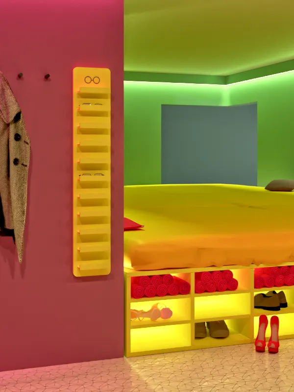 Spielwiese Swingerclub mit Liegefläche Brillenhalter und LED-Beleuchtung
