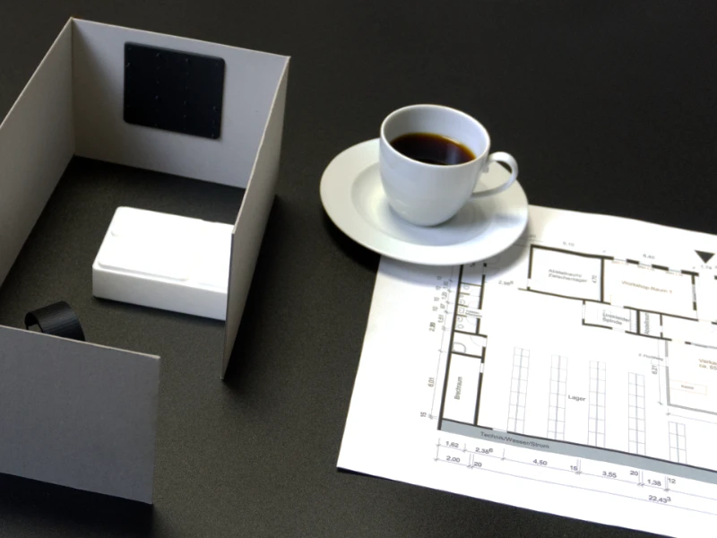 Architekturmodell und Grundriss für ein Interior Design Projekt in der Erotikbranche, daneben eine Kaffeetasse auf schwarzem Untergrund