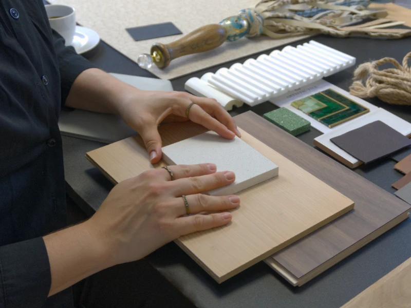 Interior Designerin für die Erotikbranche prüft Materialproben aus Holz und Stein, daneben Wandfliesen und Designobjekte