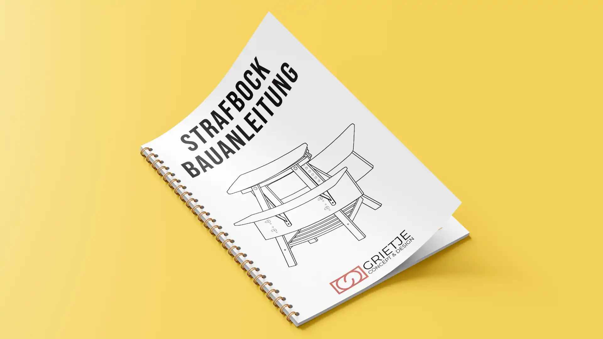 Strafbock Bauanleitung als PDF Mockup auf gelbem Hintergrund